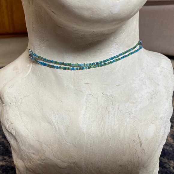 Bead and Wire Choker Necklace - blue and green beads - silver wire - Picture 1 of 9